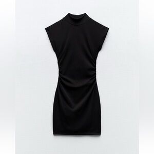 Zara Black Fitted Dress with Ruching. Size Medium.